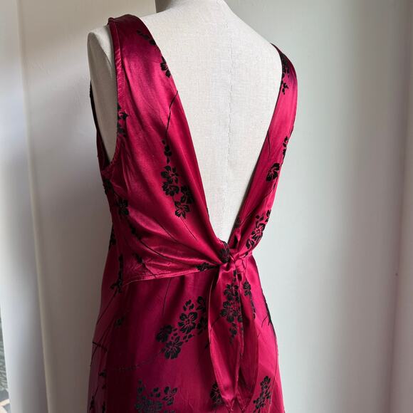 Decked Out Red Satin Maxi Dress Velvet Flocked Floral 90s Inspired - Picture 5 of 7